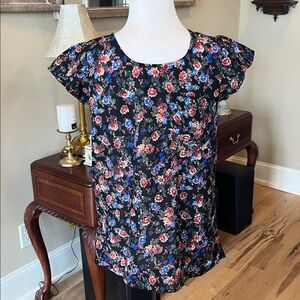 Japna Kids Black Floral Flutter Short Sleeve Blouse